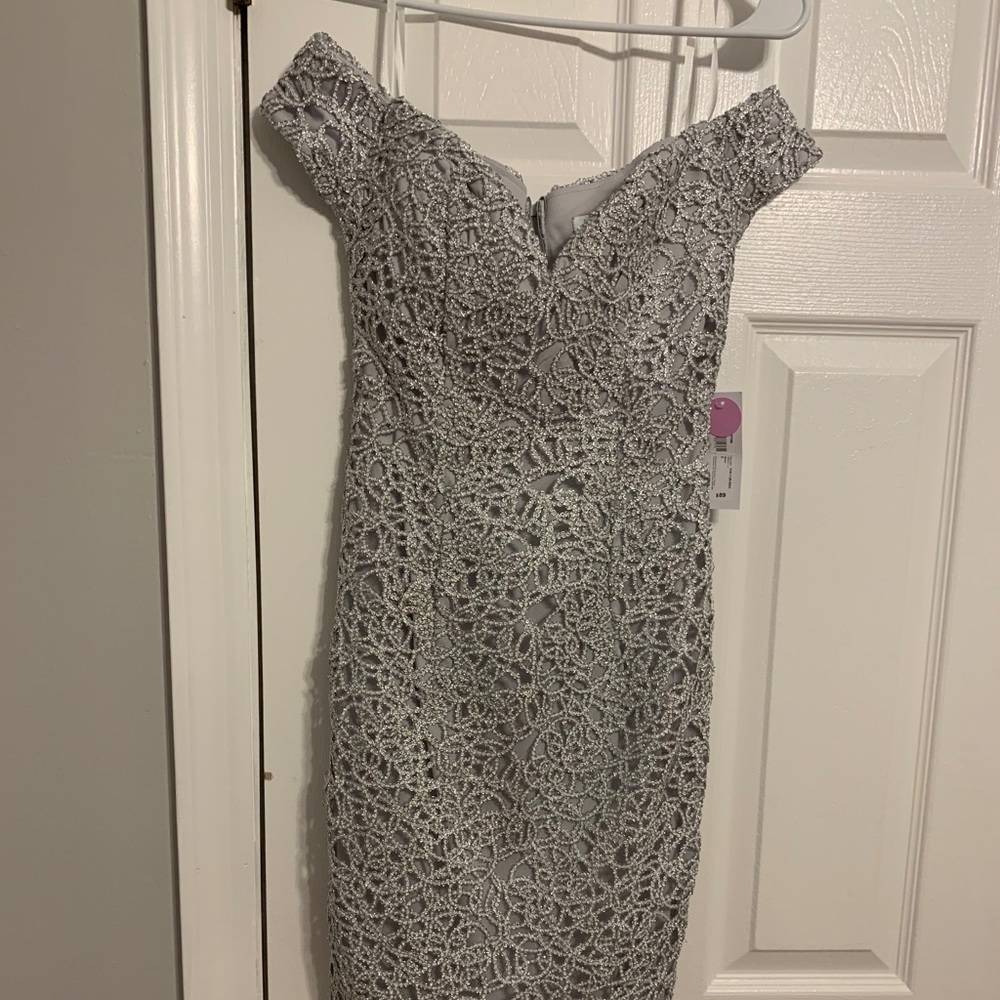 Silver Formal Off Shoulder Dress NWT